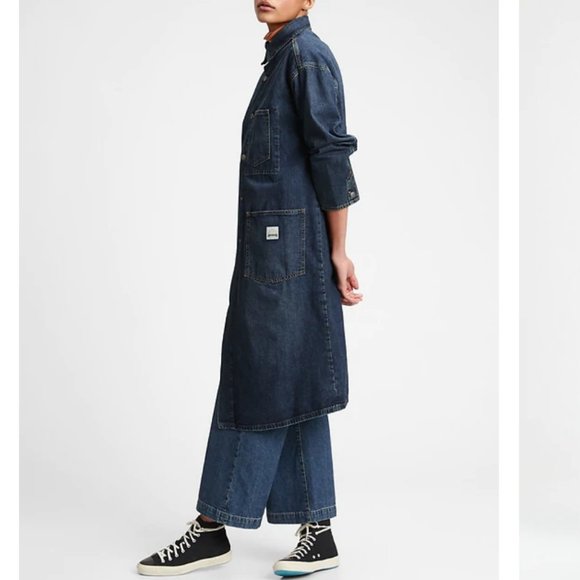 GAP Workforce Denim Long Coat Jacket Duster Trench - Picture 2 of 4